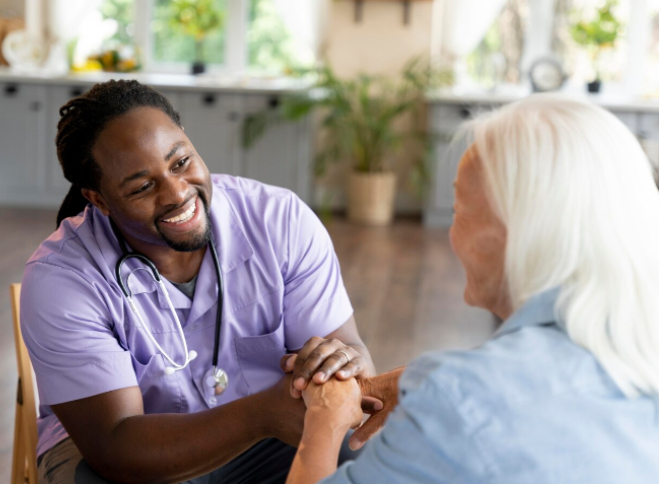 Nursing taking care of old women with smile